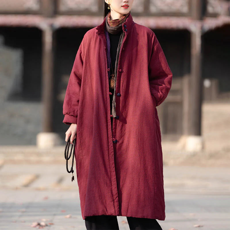 Buddha Stones Winter Solid Frog-Button Ramie Cotton Women's Long Sleeve Thermal Coat With Pockets