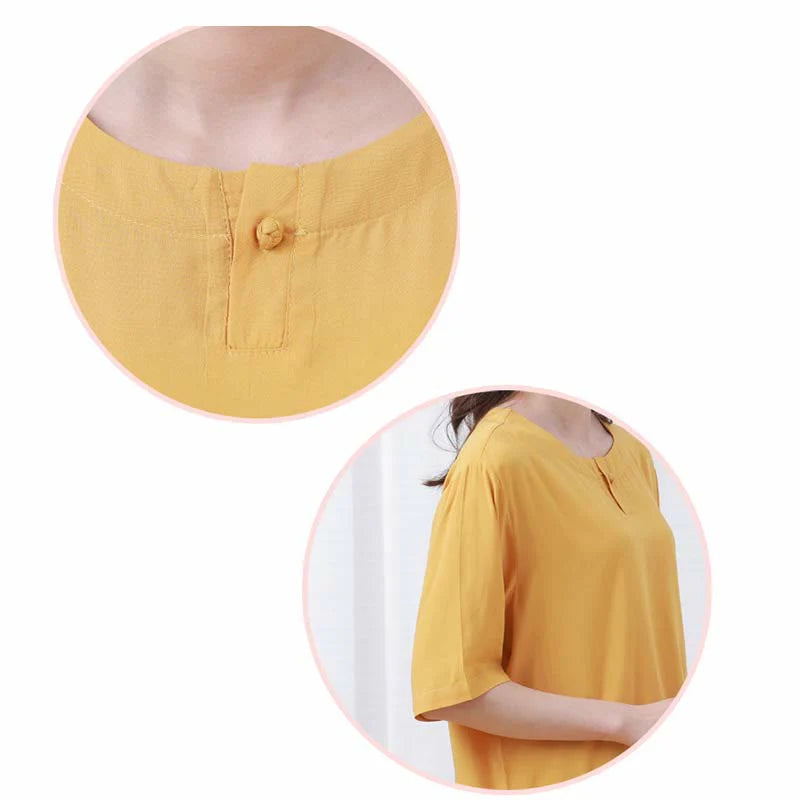 Buddha Stones 2pcs Plain Color Frog-Button Simple Design Crew Neck Design Half Sleeve Shirt Top Elastic Waist Pants Meditation Zen Tai Chi Cotton Clothing Women's Set