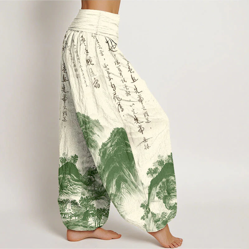 Buddha Stones Pure Cotton Chinese Calligraphy Landscape Painting Women's Elastic Waist Harem Pants