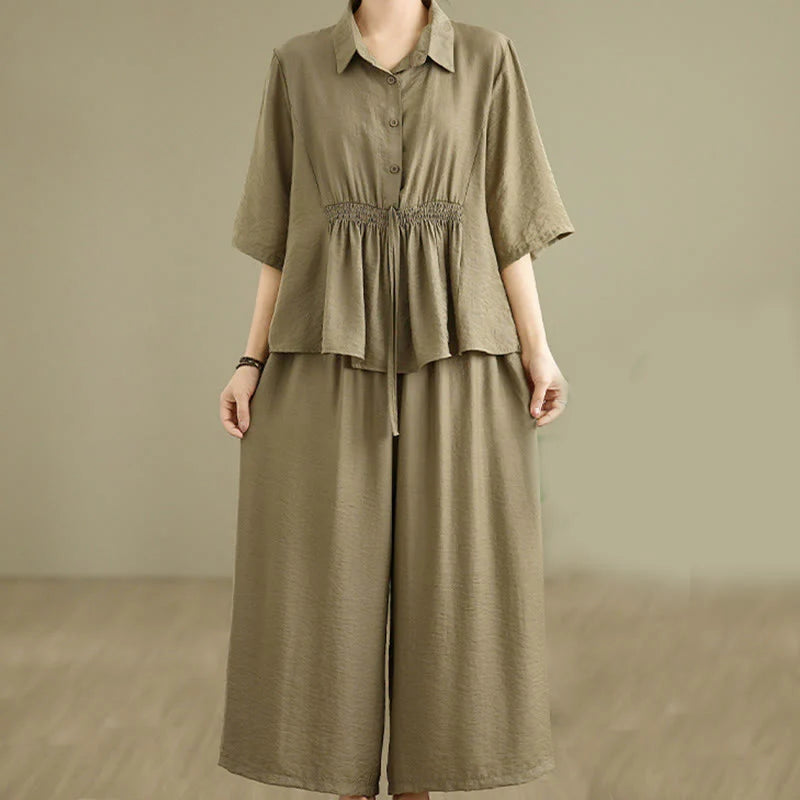 Buddha Stones 2pcs Casual Women's Stand Collar Shirt Loose Pants Meditation Clothing Set
