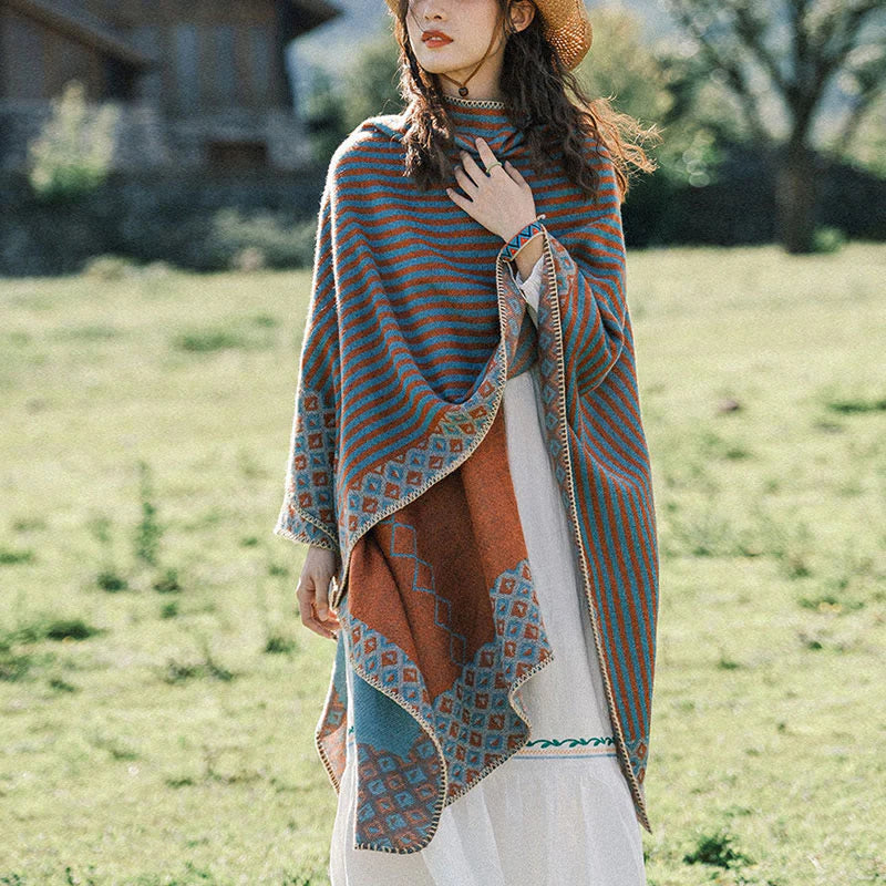 Buddha Stones Tibetan Shawl Striped Diamond Pattern Winter Warm Soft Scarf
