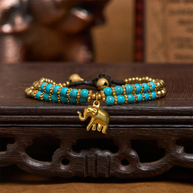 Buddha Stones Turquoise Elephant Luck Double-layer Plated Copper Strength Bracelet