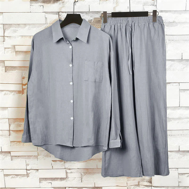 Buddha Stones 2Pcs Long Sleeve Shirt Top With Pockets Drawstring Pants Meditation Cotton Clothing Women's Set