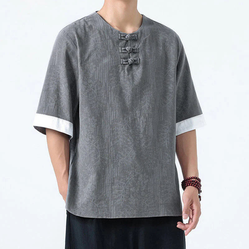 Buddha Stones Summer Flowers Grass Pattern Tang Suit Men's Frog-Button Half Sleeve Cotton Shirt