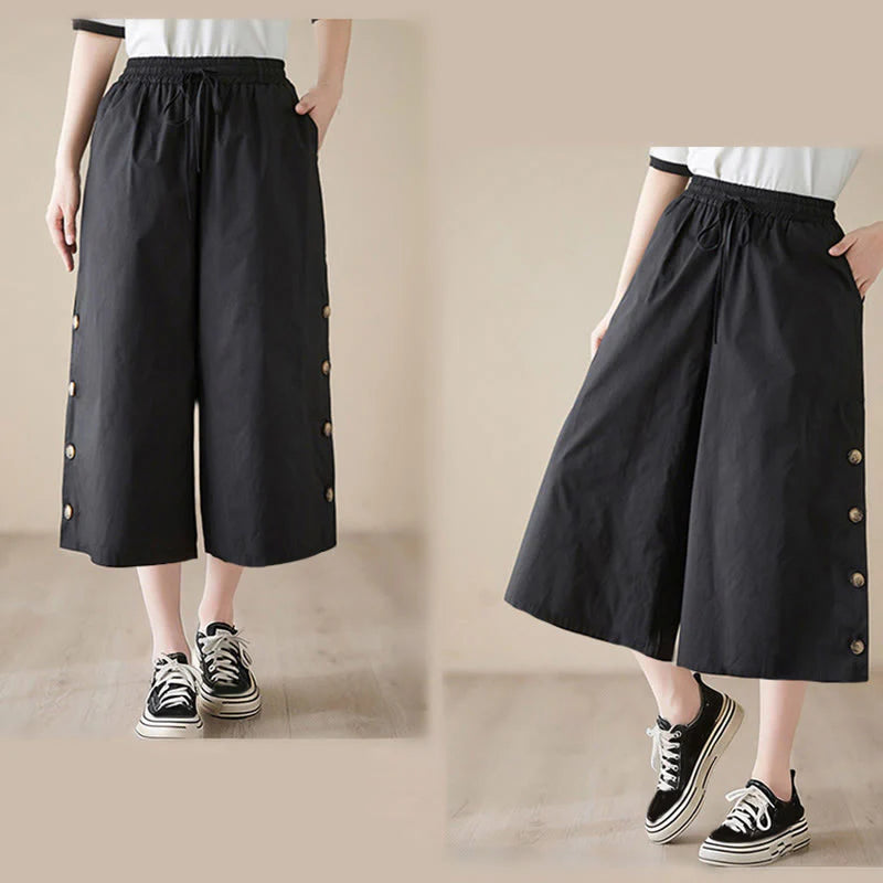 Buddha Stones Plain Buttoned Side Design Capri Cropped Women's Wide Leg Pants With Pockets