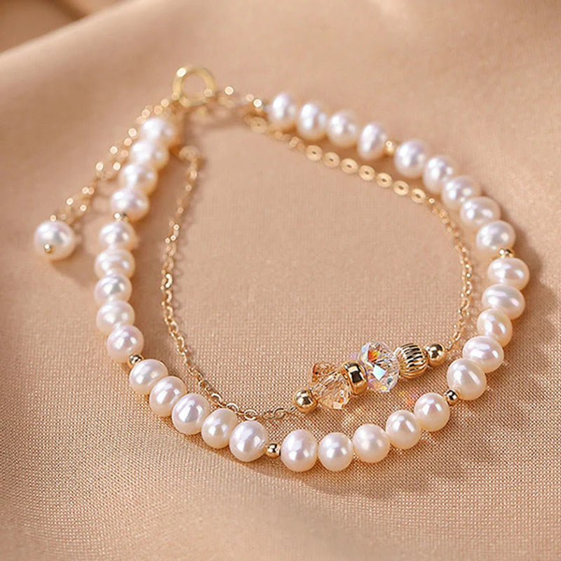 Buddha Stones 925 Sterling Silver Plated 14k Gold Natural Pearl Crystal Healing Double Layer Bracelet
