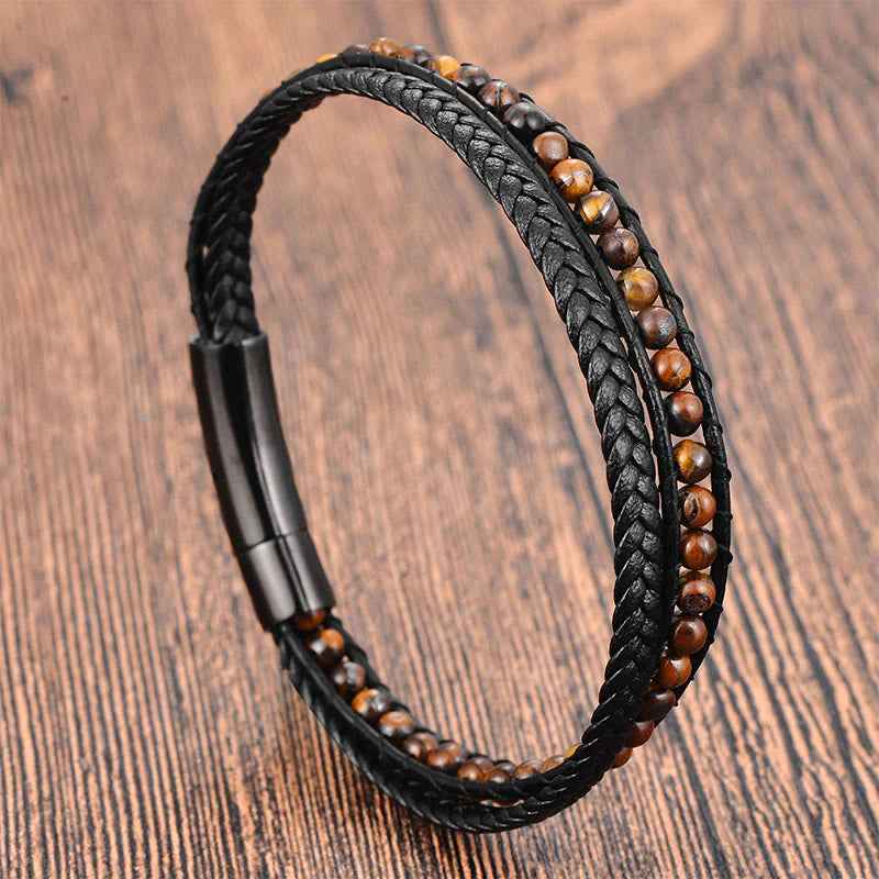 Buddha Stones Tiger Eye Titanium Steel Protection Strengthen Leather Bracelet