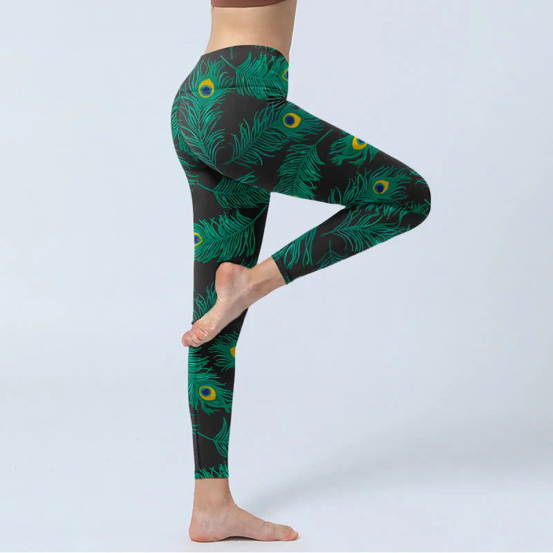 Buddha Stones Retro Peacock Feather Pattern Print Gym Leggings Women's Yoga Pants