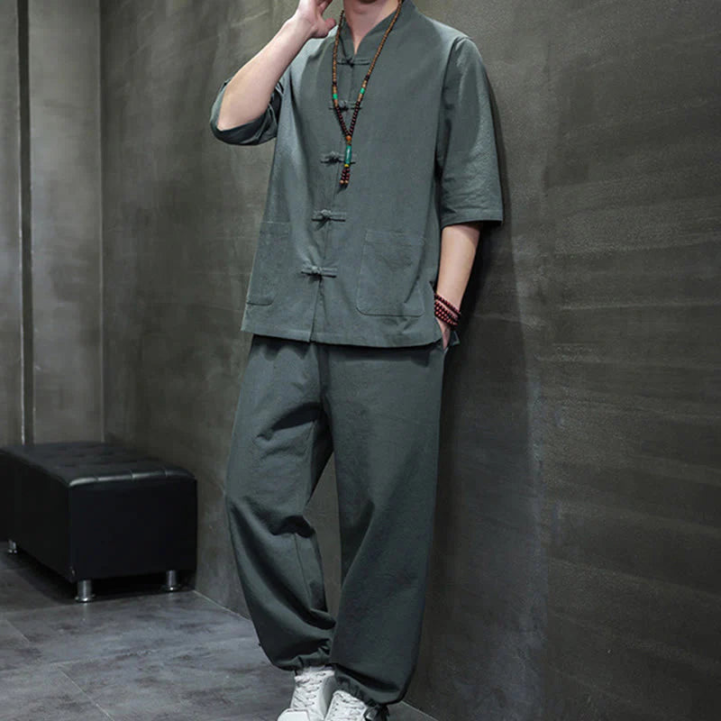Buddha Stones 2Pcs Tang Suit Frog-Button Design Shirt Pants With Pockets Men's Cotton Linen Meditation Cloth Set