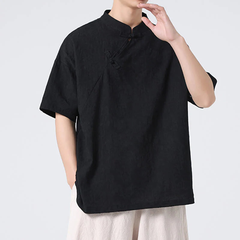 Buddha Stones Retro Pure Color Frog-Button Design Jacquard Flower Pattern Men's Short Sleeve Cotton Linen Shirt
