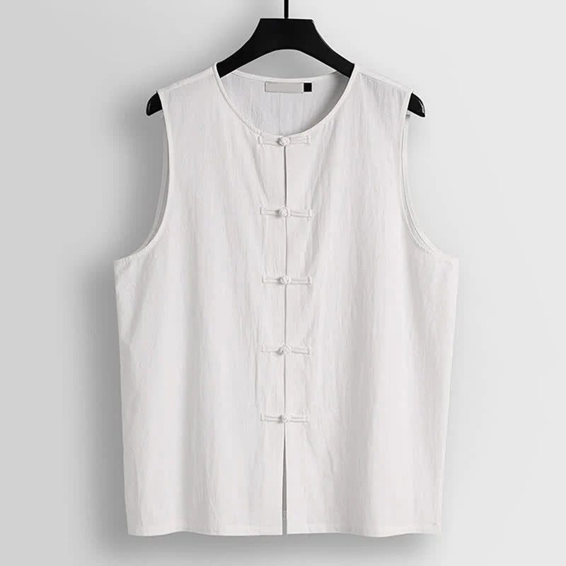 Buddha Stones Retro Frog-Button Crew Neck Men's Cotton Linen Sleeveless Vest