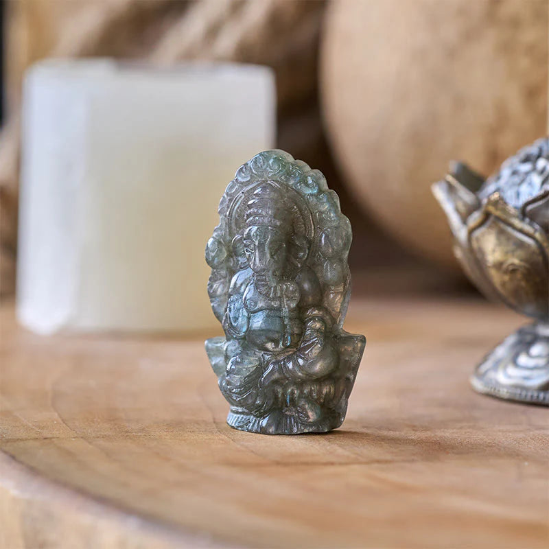 Buddha Stones Ganesh Ganpati Elephant Figurine Labradorite Healing Statue Home Decoration