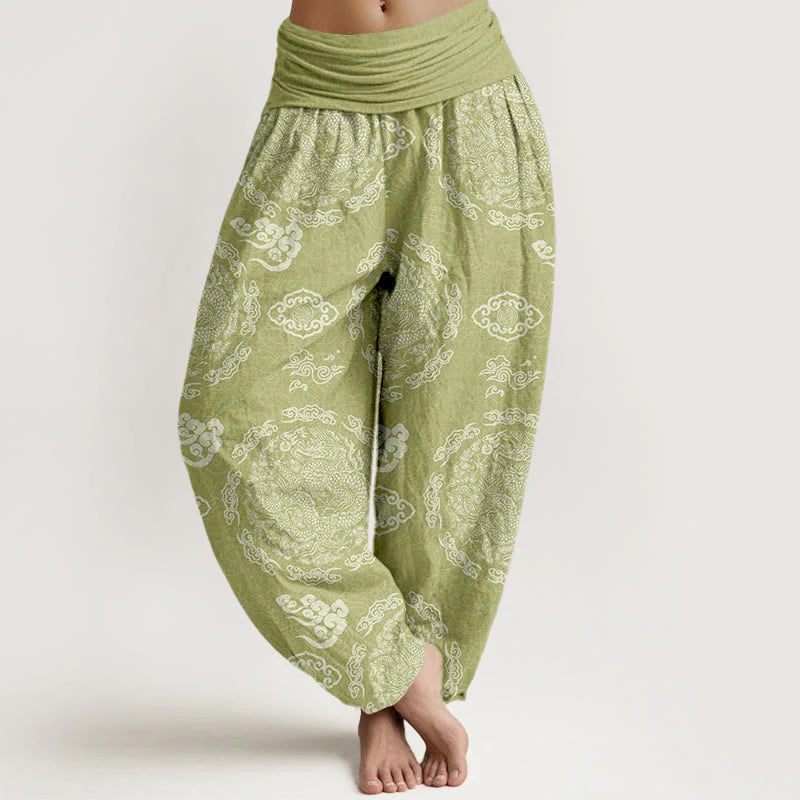 Buddha Stones Cotton Light Color Dragon Cloud Pattern Women's Elastic Waist Harem Pants