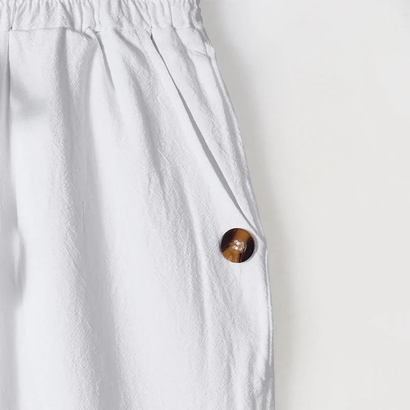 Buddha Stones Solid Color Buttons Drawstring Men's Cotton Pants With Pockets