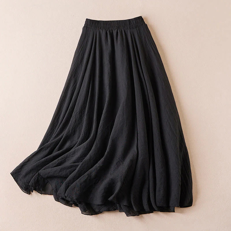 Buddha Stones Vintage Casual Pure Color High Waist Cotton Women's Skirt
