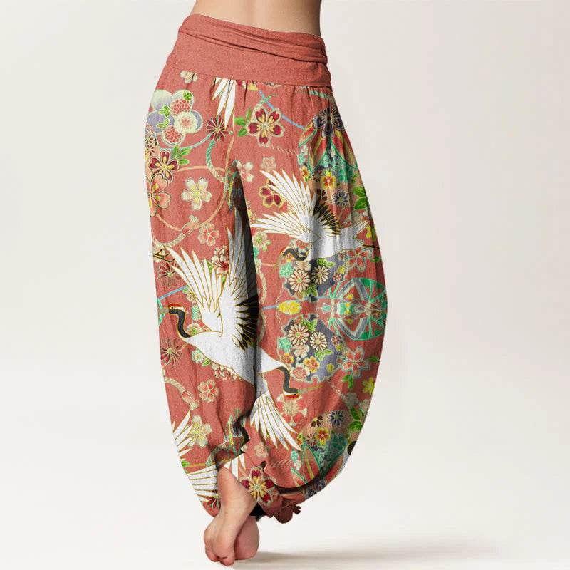 Buddha Stones Cotton Casual Crane Floral Geometric Pattern Elastic Waist Women's Harem Pants