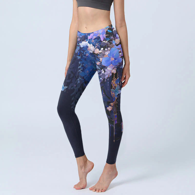 Buddha Stones Purple Flower Butterfly Pattern Print Gym Leggings Women's Yoga Pants