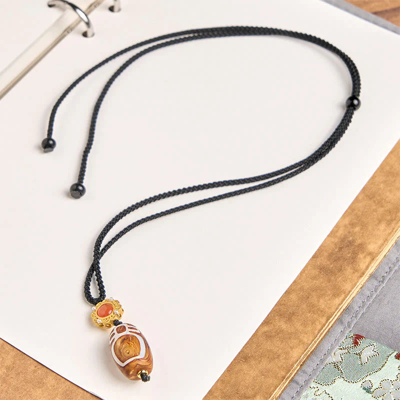 Buddha Stones Tibetan Agate Carved God of Wealth Nine-eye Dzi Bead Blessing Necklace Pendant