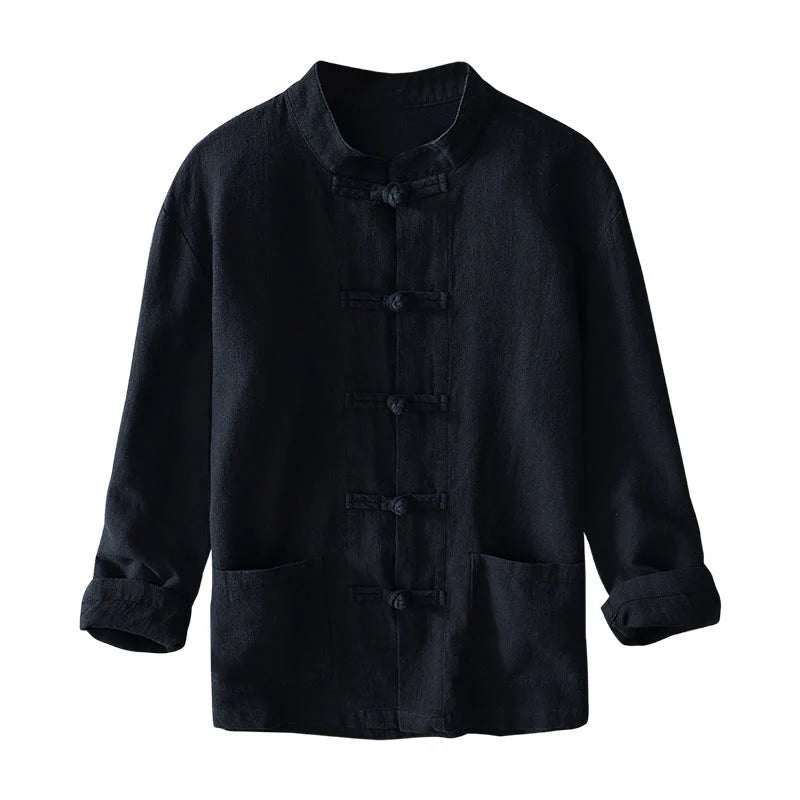 Buddha Stones Frog-Button Chinese Tang Suit Cotton Linen Men Jacket Shirt With Pockets