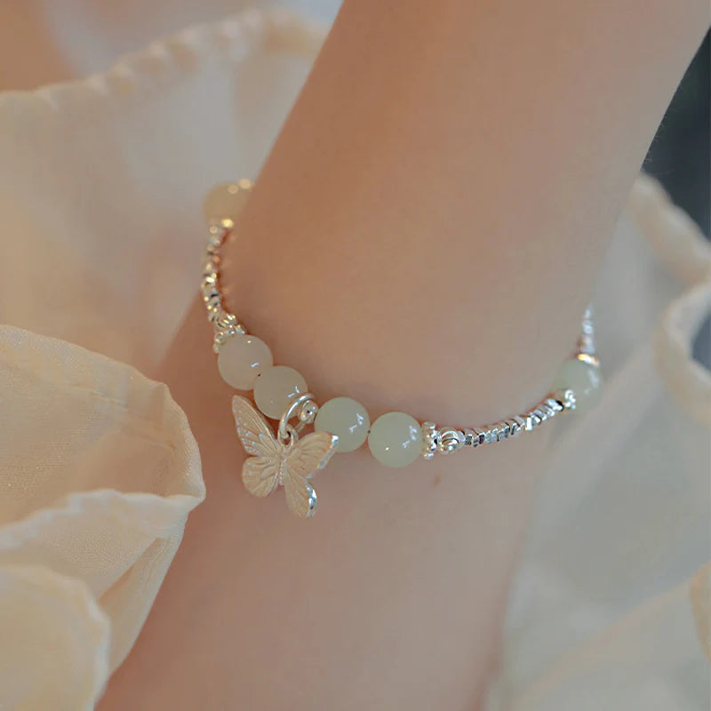 Buddha Stones 925 Sterling Silver Natural Hetian Jade Luck Butterfly Charm Bracelet