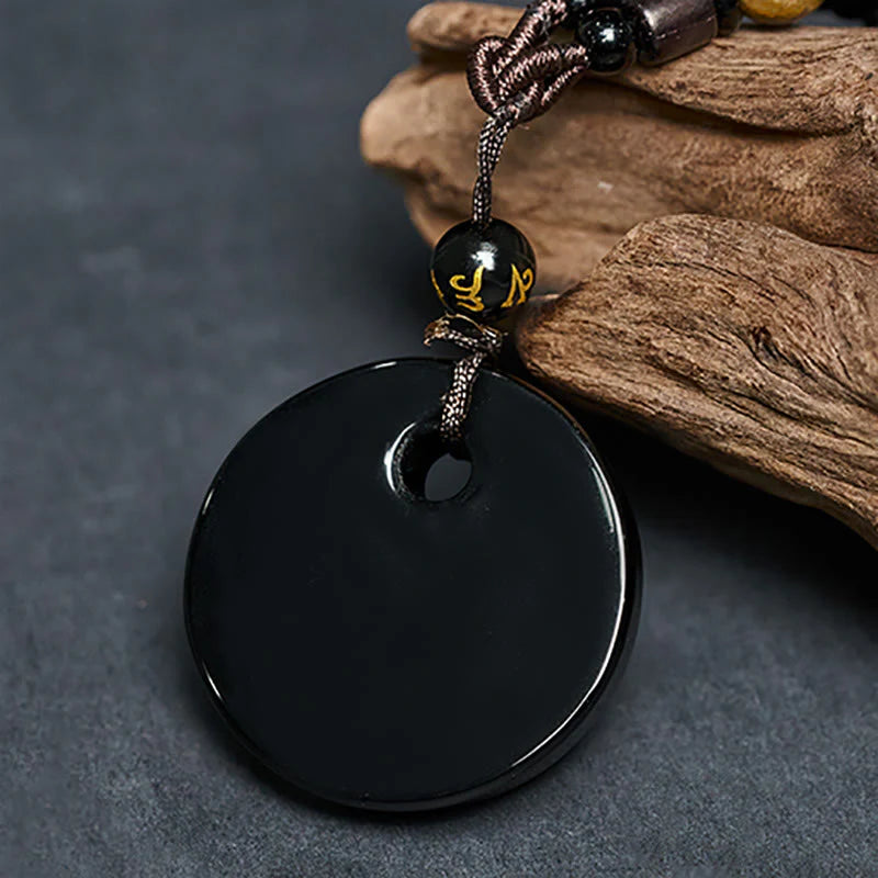 Buddha Stones Yin Yang Symbol Om Mani Padme Hum Black Obsidian Strength Necklace Pendant