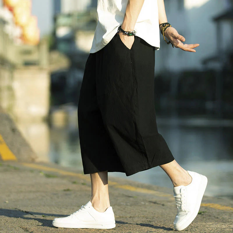 Buddha Stones Summer Plain Pleat Design Drawstring Men's 7-8 Length Cotton Linen Pants With Pockets