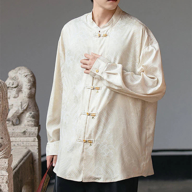 Buddha Stones Chinese Frog-Button Bamboo Shape Design Stand Collar Men's Long Sleeve Shirt