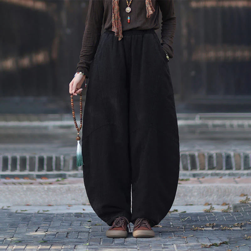 Buddha Stones Winter Elastic Waist Ramie Cotton Thermal Women's Pants With Pockets
