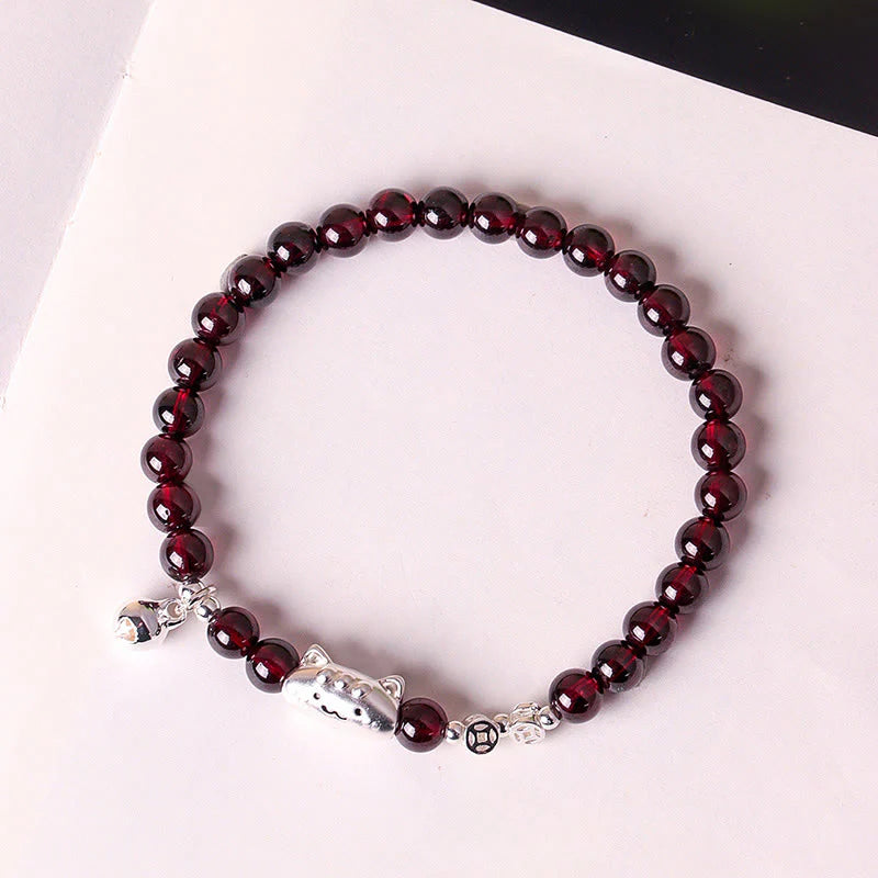 Buddha Stones 999 Sterling Silver Natural Cute Cat Head Garnet Protection Bead Bracelet