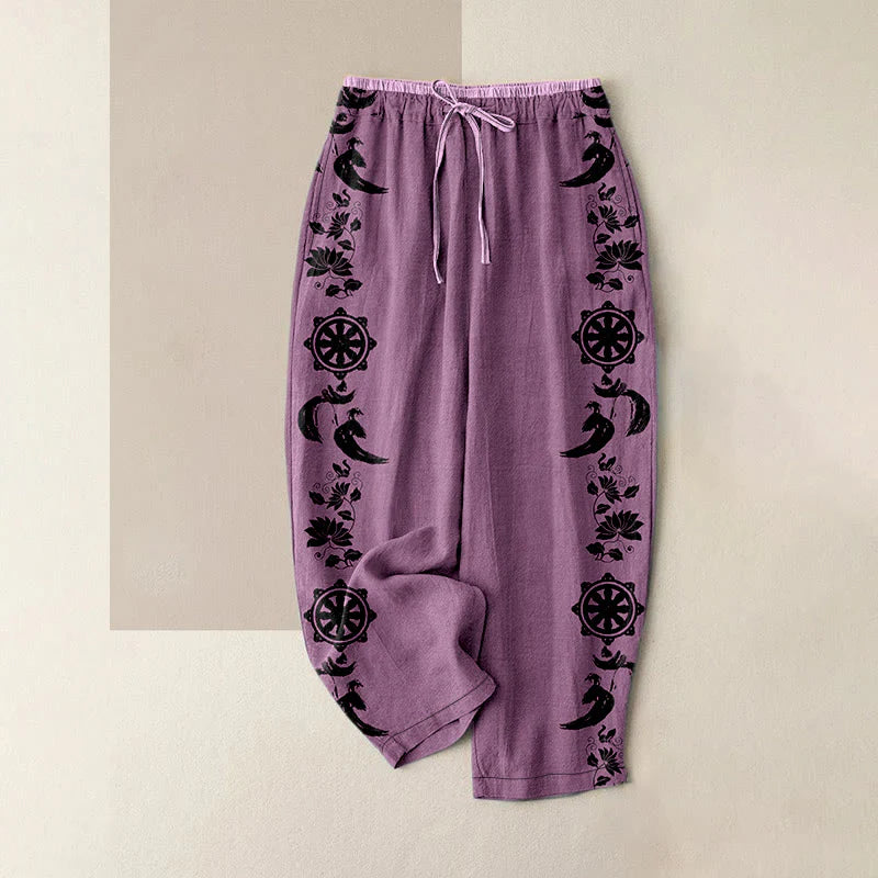 Buddha Stones Cotton Casual Dharma Wheel Lotus OM Pattern Women's Elastic Waist Pants With Pockets