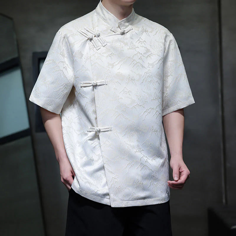 Buddha Stones Summer Mountain Pattern Jacquard Chinese Frog-Button Cotton Short Sleeve Men's Shirt