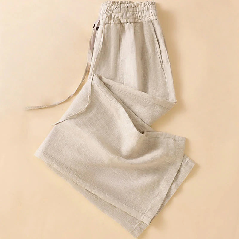 Buddha Stones Casual Straight Leg Design Cotton Women's 7-8 Length Wide Leg Pants With Pockets