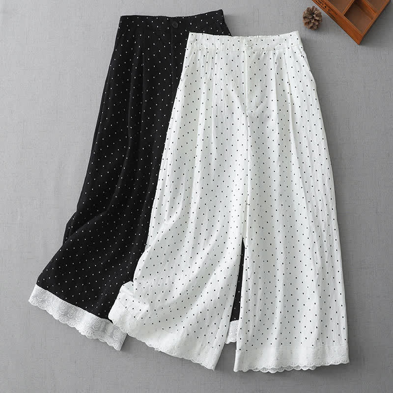 Buddha Stones Polka Dot Lace Patchwork Cotton Women's Wide Leg Capri Pants With Pockets