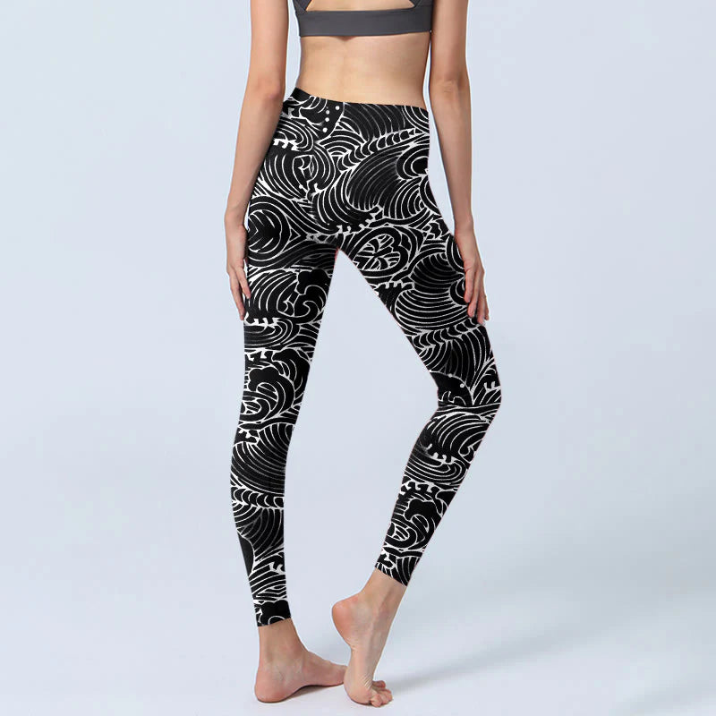 Buddha Stones White Line Waves Pattern Print Gym Leggings Women's Yoga Pants