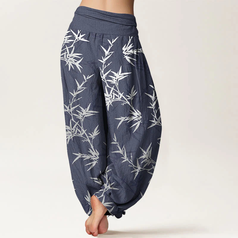Buddha Stones Pure Cotton White Bamboo Leaves Women's Elastic Waist Harem Pants