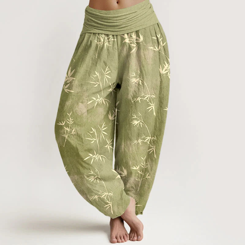 Buddha Stones Cotton Simple Bamboo Leaves Pattern Women's Elastic Waist Harem Pants