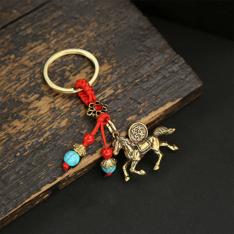 Buddha Stones Year Of The Horse Copper Brass Five-Emperor Coins Wealth Key Chain