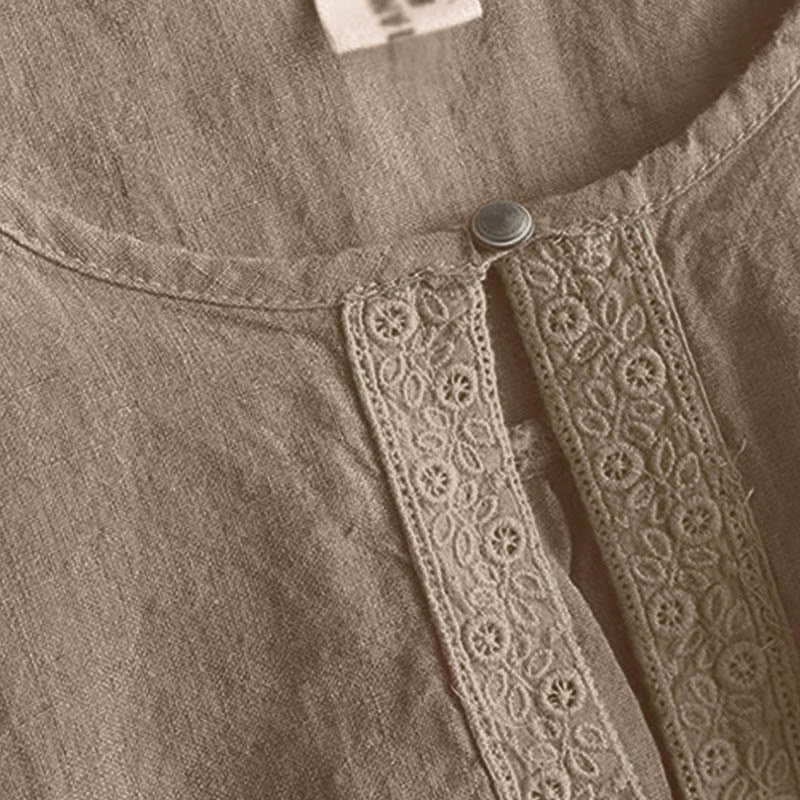 Buddha Stones Casual Plain Women's Hollow Crew Neck Design Three Quarter Sleeve Shirt