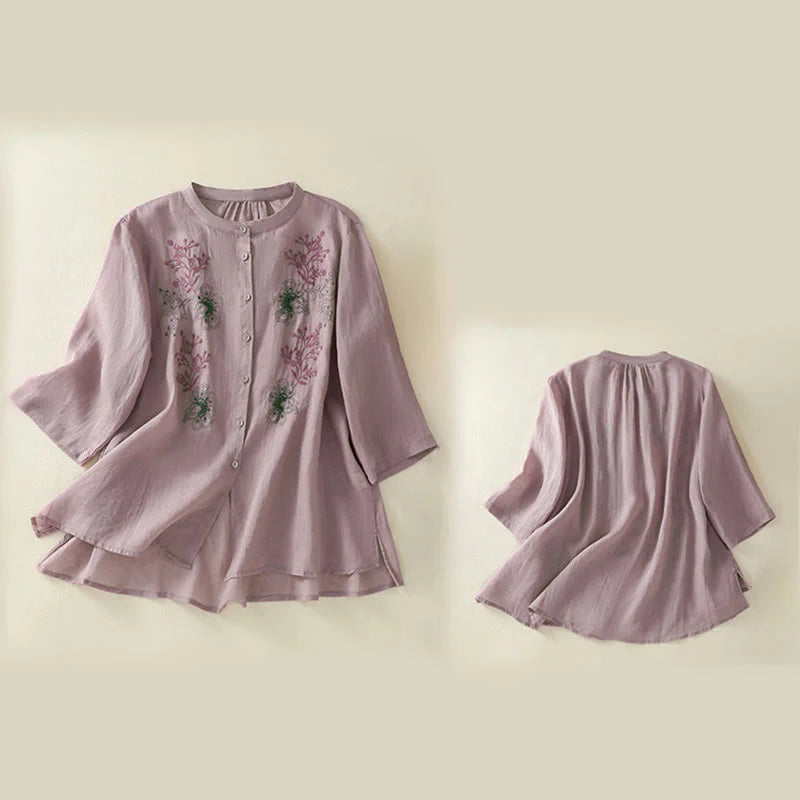 Buddha Stones Embroidery Pleated Design Stand Collar Three Quarter Sleeve Side Slit Hem Women's Cotton Shirt