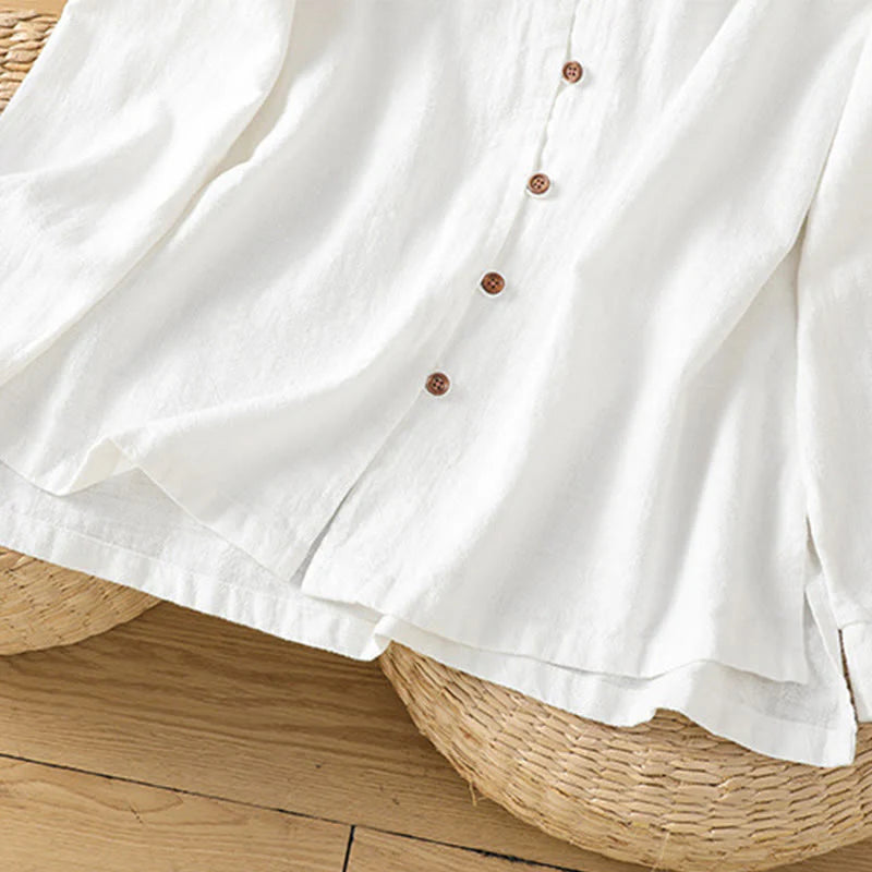 Buddha Stones Spring Solid Color Simple Hem Slit Design Cotton Linen Women's Shirt