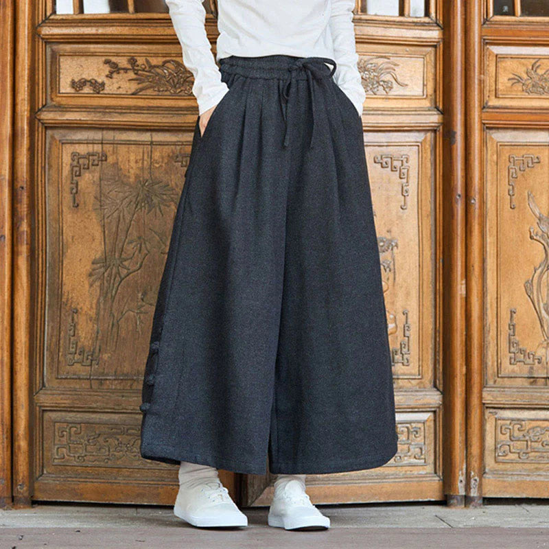 Buddha Stones Winter Chinese Frog-Button Design Corduroy Thermal Men's Wide Leg Pants With Pockets