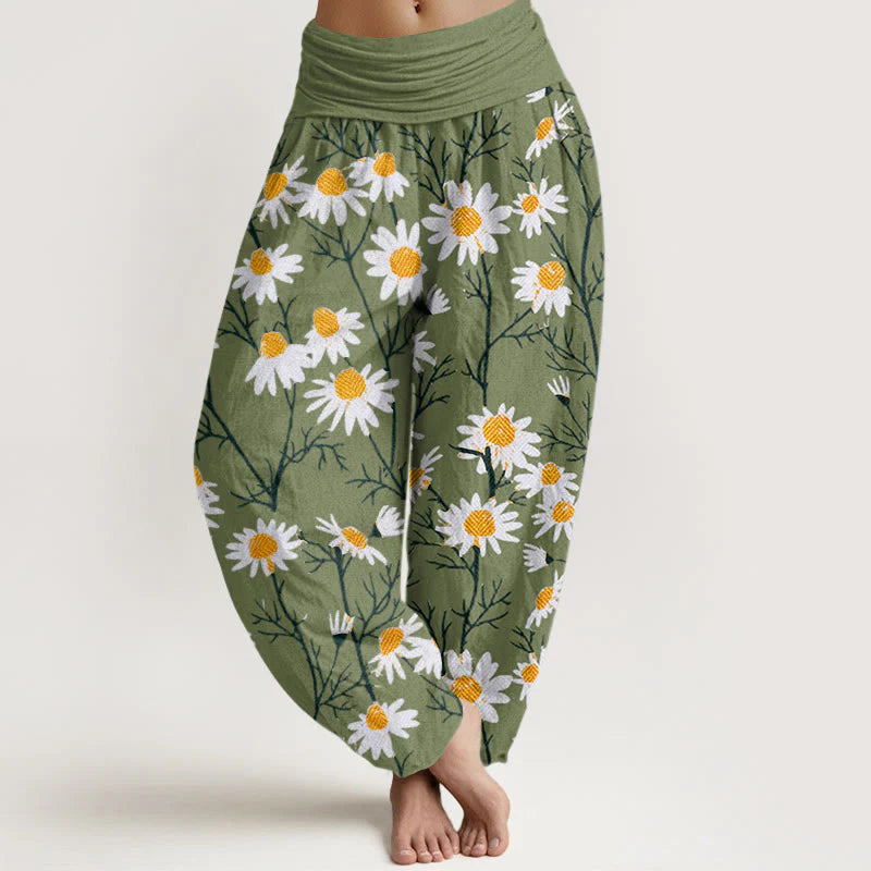 Buddha Stones Cotton White Petals Daisy Pattern Women's Elastic Waist Harem Pants