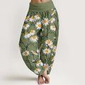 Buddha Stones Cotton White Petals Daisy Pattern Women's Elastic Waist Harem Pants