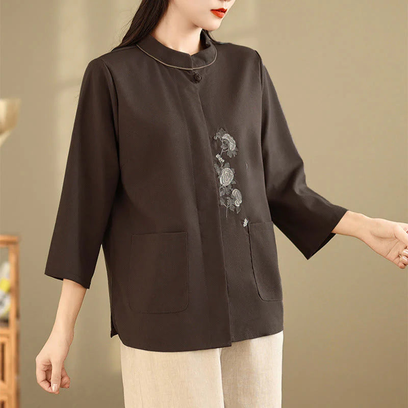 Buddha Stones Commute Embroidery Floral Pattern Three Quarter Sleeve Women's Cotton Shirt With Pockets