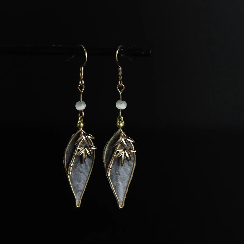 Buddha Stones Handcrafted Silk Art Bamboo Design Copper Hook Luck Protection Dangle Earrings