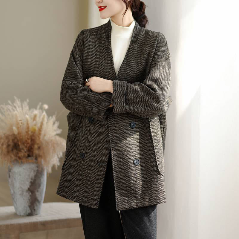 Buddha Stones Stripe V-Neck Cotton Long Sleeve Women's Coat With Pockets