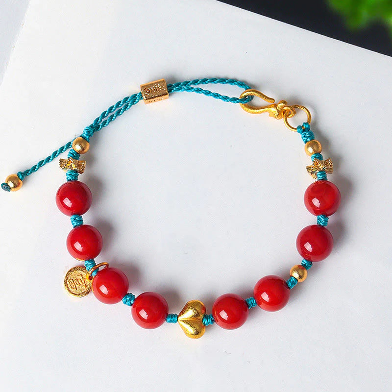 Buddha Stones 8mm South Red Agate Beads Heart Braided String Success Bracelet