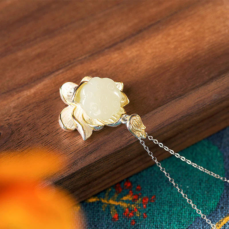 Buddha Stones White Jade Lotus Flower Happiness Necklace