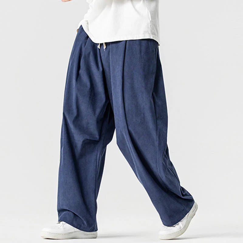 Buddha Stones Winter Drawstring Corduroy Cotton Men's Wide Leg Pants With Pockets