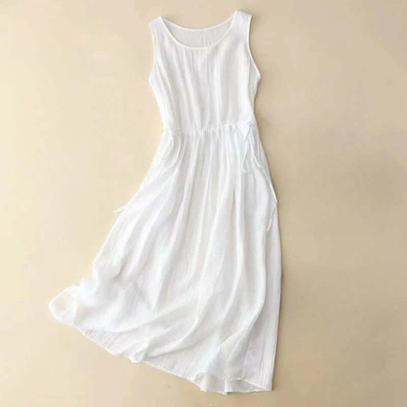 Buddha Stones Casual Plain Handmade Drawstring Waist Midi Dress Acrylic Sleeveless Dress With Pockets